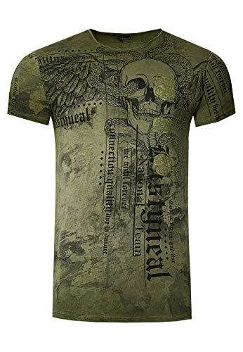 Herren T-Shirt Verwaschen Rundhals All Over Print Skull Snake Shirt S M L XL XXL 3XL 266, Farbe:Khaki, Größe S-3XL:L von Rusty Neal