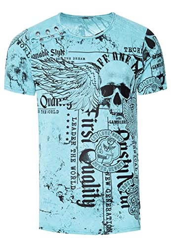 Rusty Neal Herren T-Shirt Verwaschen mit Plakativem Print 'Flying-Skull' Stretch-Shirt Streetwear-Finest mit Seitlicher-Knopfleiste 296, Farbe:Blau, Größe S-3XL:XL von Rusty Neal