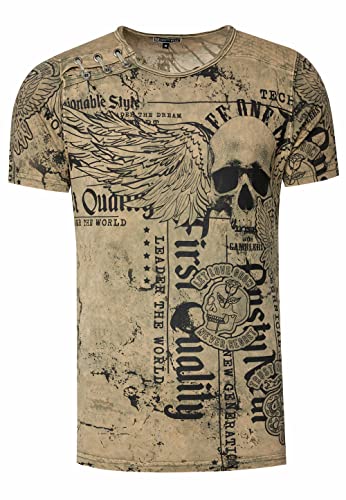 Herren T-Shirt Verwaschen mit Plakativem Print 'Flying-Skull' Stretch-Shirt Streetwear-Finest mit Seitlicher-Knopfleiste 296, Farbe:Khaki, Größe S-3XL:3XL von Rusty Neal