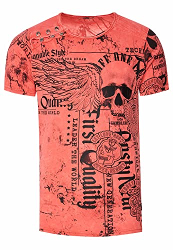 Rusty Neal Herren T-Shirt Verwaschen mit Plakativem Print 'Flying-Skull' Stretch-Shirt Streetwear-Finest mit Seitlicher-Knopfleiste 296, Farbe:Koralle, Größe S-3XL:M von Rusty Neal