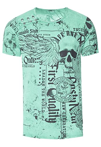 Rusty Neal Herren T-Shirt Verwaschen mit Plakativem Print 'Flying-Skull' Stretch-Shirt Streetwear-Finest mit Seitlicher-Knopfleiste 296, Farbe:Mint, Größe S-3XL:M von Rusty Neal