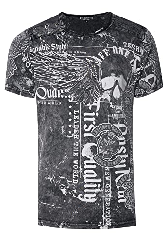 Herren T-Shirt Verwaschen mit Plakativem Print 'Flying-Skull' Stretch-Shirt Streetwear-Finest mit Seitlicher-Knopfleiste 296, Farbe:Schwarz, Größe S-3XL:3XL von Rusty Neal