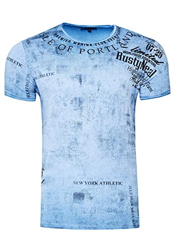 Herren T-Shirt für Männer Kurzarm Rundhals T Shirt O-Neck Regular Fit Washed & Printed 244, Farbe:Blau, Größe S-3XL:M von Rusty Neal