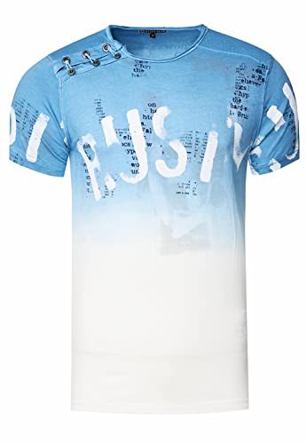 Herren T-Shirt mit Seitlicher Knopfleiste Verwaschen mit Farbverlauf Rundhals Stretch Herren-T-Shirt Casual Fit 288, Farbe:Blau, Größe S-XXL:L von Rusty Neal
