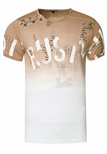 Herren T-Shirt mit Seitlicher Knopfleiste Verwaschen mit Farbverlauf Rundhals Stretch Herren-T-Shirt Casual Fit 288, Farbe:Camel, Größe S-XXL:L von Rusty Neal