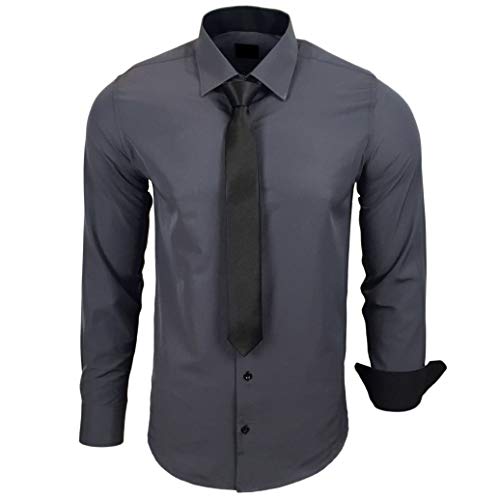 Baxboy 444-BK Herren Kontrast Hemd Business Hemden mit Krawatte Hochzeit Freizeit Fit, Farbe:Anthrazit, Größe:L von Baxboy