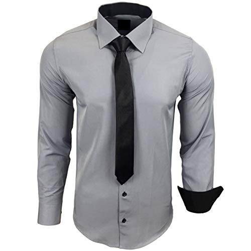 Baxboy 444-BK Herren Kontrast Hemd Business Hemden mit Krawatte Hochzeit Freizeit Fit, Farbe:Grau, Größe:S von Baxboy