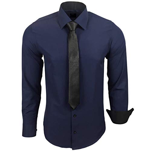 Baxboy 444-BK Herren Kontrast Hemd Business Hemden mit Krawatte Hochzeit Freizeit Fit, Farbe:Marine, Größe:XL von Baxboy