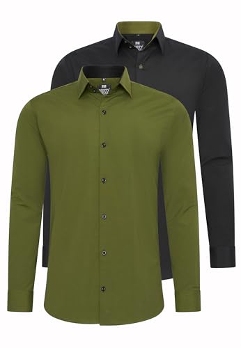 Rusty Neal 2er Set Herren Hemd Kontrasthemd Businesshemd Freizeithemd S M L XL XXL 3XL 4XL 5XL 6XL Cotton-Stretch Doppelpack, Größe:2XL, Farbe:2erSet-(44_Khaki)(44_Schwarz/Khaki) von Rusty Neal