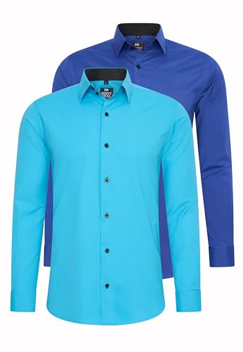 Rusty Neal 2er Set Herren Hemd Kontrasthemd Businesshemd Freizeithemd S M L XL XXL 3XL 4XL 5XL 6XL Cotton-Stretch Doppelpack, Größe:2XL, Farbe:2erSet-(44_Türkis)(44_Sax) von Rusty Neal