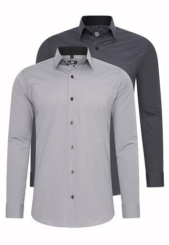 Rusty Neal 2er Set Herren Hemd Kontrasthemd Businesshemd Freizeithemd S M L XL XXL 3XL 4XL 5XL 6XL Cotton-Stretch Doppelpack, Größe:5XL, Farbe:2erSet-(44_Grau)(44_Anthrazit) von Rusty Neal