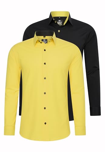 Rusty Neal 2er Set Herren Hemd Kontrasthemd Businesshemd Freizeithemd S M L XL XXL 3XL 4XL 5XL 6XL Cotton-Stretch Doppelpack, Größe:S, Farbe:2erSet-(44_Gelb)(44_Schwarz/Gelb) von Rusty Neal