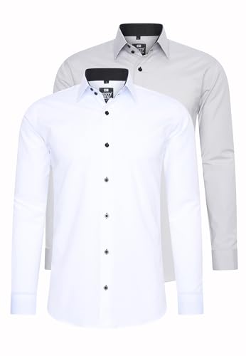 Rusty Neal 2er Set Herren Hemd Kontrasthemd Businesshemd Freizeithemd S M L XL XXL 3XL 4XL 5XL 6XL Cotton-Stretch Doppelpack, Größe:S, Farbe:2erSet-(44_Weiß/Schwarz)(44_Hellgrau) von Rusty Neal