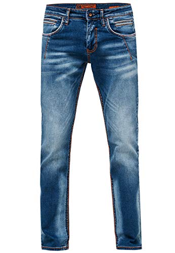 Rusty Neal Denim Herren Jeans Vintage Neon-Orange-Naht Regular Fit Stretch-Jeans-Hose Blue Used -51, Farbe:Blau, Größe Jeans:30W / 34L von Rusty Neal