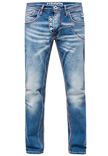 Rusty Neal Hell Blau Herren Jeans Stretch-Jeans mit offener Knopfleiste im Eindrucksvollem Vintage Design und Dicken-Roten-Nähten -46, Farbe:Hell Blau, Größe Jeans:31W / 34L von Rusty Neal