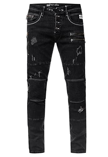 Rusty Neal Herren Biker-Jeans 'Misato' DIE-Absolute-Jeans Slim Fit Stretch Destroyed Biker Zip-Design mit Stylischer Knopfleiste und Kontrast-Naht 241, Farbe:Black Used, Größe Jeans L32:36W / 32L von Rusty Neal