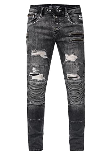 Rusty Neal Herren Biker-Jeans 'Misato' DIE-Absolute-Jeans Slim Fit Stretch Destroyed Biker Zip-Design mit Stylischer Knopfleiste und Kontrast-Naht 241, Farbe:Dark Grey Used, Größe Jeans L32:29W / 32L von Rusty Neal
