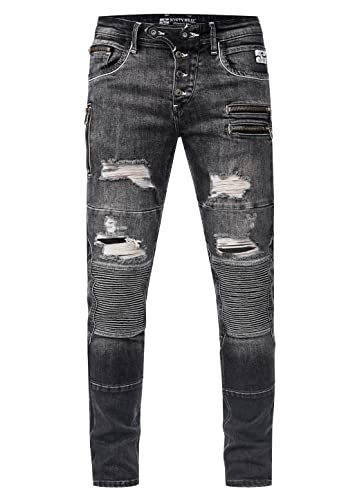 Rusty Neal Herren Biker-Jeans 'Misato' DIE-Absolute-Jeans Slim Fit Stretch Destroyed Biker Zip-Design mit Stylischer Knopfleiste und Kontrast-Naht 241, Farbe:Dark Grey Used, Größe Jeans L32:32W / 32L von Rusty Neal