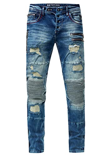 Rusty Neal Herren Biker-Jeans 'Misato' DIE-Absolute-Jeans Slim Fit Stretch Destroyed Biker Zip-Design mit Stylischer Knopfleiste und Kontrast-Naht 241, Farbe:Vintage Used, Größe Jeans L32:30W / 32L von Rusty Neal