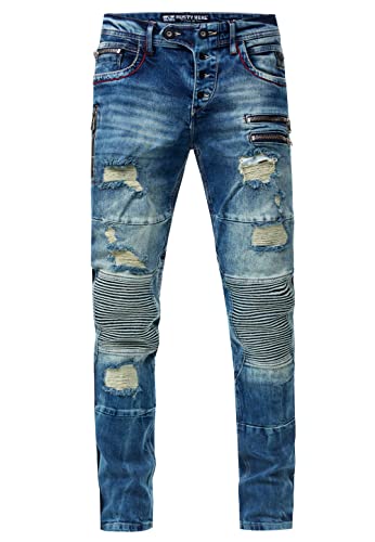 Rusty Neal Herren Biker-Jeans 'Misato' DIE-Absolute-Jeans Slim Fit Stretch Destroyed Biker Zip-Design mit Stylischer Knopfleiste und Kontrast-Naht 241, Farbe:Vintage Used, Größe Jeans L32:31W / 32L von Rusty Neal