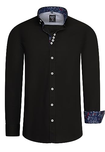 Rusty Neal Herren Freizeit-Hemd mit Lässigem Knopf-Design abgesetzt mit Blumen-Muster Stretch Langarm Slim Fit 030, Farbe:Schwarz, Größe S-3XL:3XL von Rusty Neal