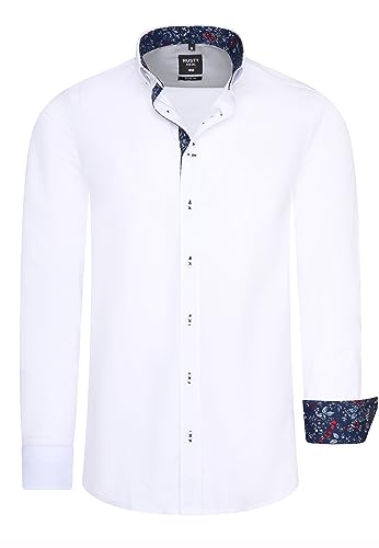 Rusty Neal Herren Freizeit-Hemd mit Lässigem Knopf-Design abgesetzt mit Blumen-Muster Stretch Langarm Slim Fit 030, Farbe:Weiß, Größe S-3XL:L von Rusty Neal