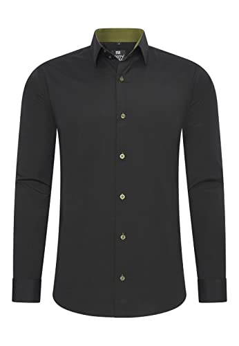 Rusty Neal Herren-Hemd Premium Slim Fit Langarm Stretch Kontrast Hemd Business-Hemden Freizeithemd, Größe S-6XL:2XL, Farbe:Schwarz/Khaki von Rusty Neal