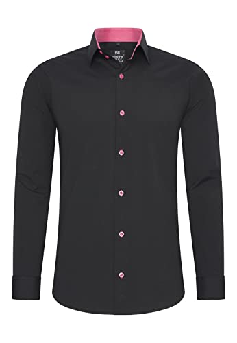 Rusty Neal Herren-Hemd Premium Slim Fit Langarm Stretch Kontrast Hemd Business-Hemden Freizeithemd, Größe S-6XL:2XL, Farbe:Schwarz/Pink von Rusty Neal