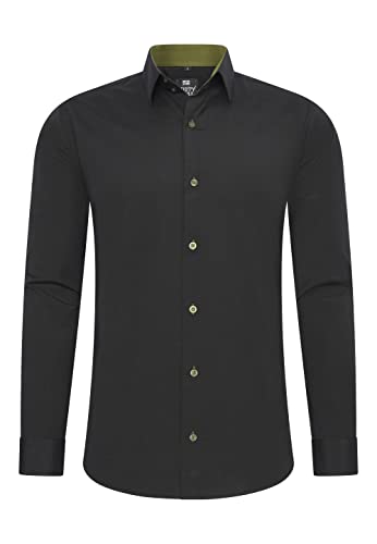 Rusty Neal Herren-Hemd Premium Slim Fit Langarm Stretch Kontrast Hemd Business-Hemden Freizeithemd, Größe S-6XL:3XL, Farbe:Schwarz/Khaki von Rusty Neal