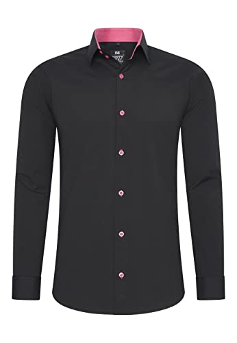 Rusty Neal Herren-Hemd Premium Slim Fit Langarm Stretch Kontrast Hemd Business-Hemden Freizeithemd, Größe S-6XL:3XL, Farbe:Schwarz/Pink von Rusty Neal