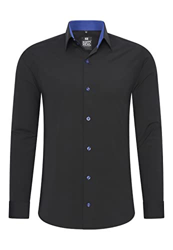 Rusty Neal Herren-Hemd Premium Slim Fit Langarm Stretch Kontrast Hemd Business-Hemden Freizeithemd, Größe S-6XL:5XL, Farbe:Schwarz/Sax von Rusty Neal