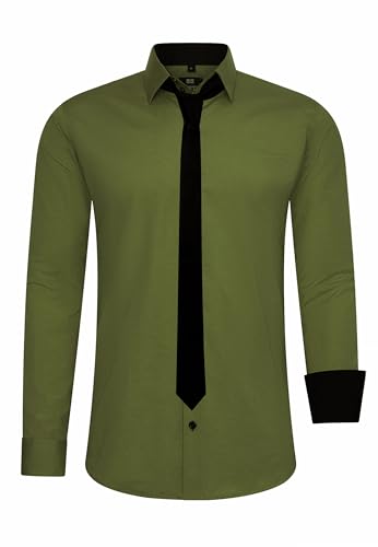 Rusty Neal Herren-Hemd Premium Slim Fit Langarm Stretch Kontrast Hemd mit Krawatte Business-Hemden Outfit Freizeithemd Set 44_99, Größe:2XL, Farbe:Khaki von Rusty Neal