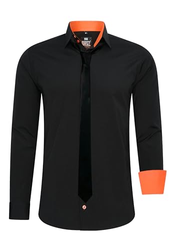 Rusty Neal Herren-Hemd Premium Slim Fit Langarm Stretch Kontrast Hemd mit Krawatte Business-Hemden Outfit Freizeithemd Set 44_99, Größe:4XL, Farbe:Schwarz/Orange von Rusty Neal