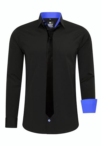 Rusty Neal Herren-Hemd Premium Slim Fit Langarm Stretch Kontrast Hemd mit Krawatte Business-Hemden Outfit Freizeithemd Set 44_99, Größe:6XL, Farbe:Schwarz/Sax von Rusty Neal