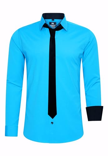 Rusty Neal Herren-Hemd Premium Slim Fit Langarm Stretch Kontrast Hemd mit Krawatte Business-Hemden Outfit Freizeithemd Set 44_99, Größe:6XL, Farbe:Türkis von Rusty Neal