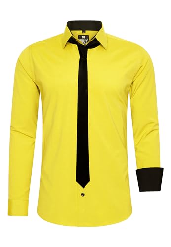 Rusty Neal Herren-Hemd Premium Slim Fit Langarm Stretch Kontrast Hemd mit Krawatte Business-Hemden Outfit Freizeithemd Set 44_99, Größe:L, Farbe:Gelb von Rusty Neal