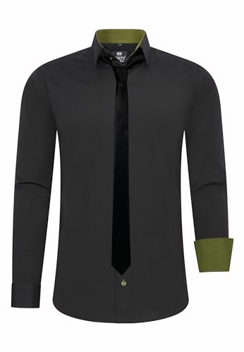 Rusty Neal Herren-Hemd Premium Slim Fit Langarm Stretch Kontrast Hemd mit Krawatte Business-Hemden Outfit Freizeithemd Set 44_99, Größe:L, Farbe:Schwarz/Khaki von Rusty Neal