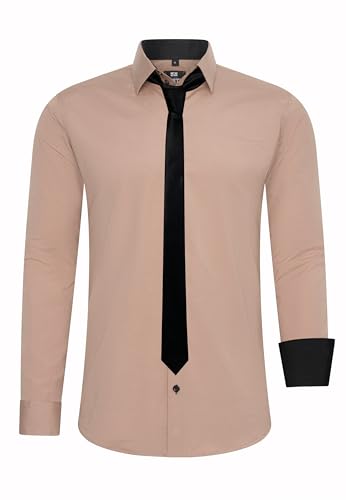 Rusty Neal Herren-Hemd Premium Slim Fit Langarm Stretch Kontrast Hemd mit Krawatte Business-Hemden Outfit Freizeithemd Set 44_99, Größe:S, Farbe:Beige von Rusty Neal
