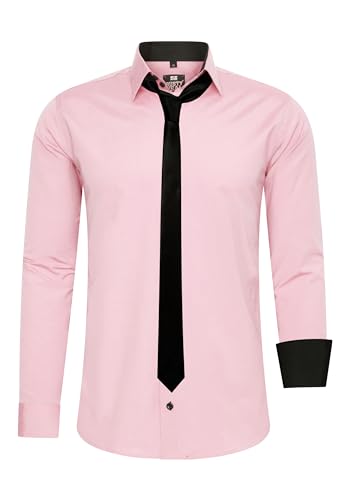 Rusty Neal Herren-Hemd Premium Slim Fit Langarm Stretch Kontrast Hemd mit Krawatte Business-Hemden Outfit Freizeithemd Set 44_99, Größe:S, Farbe:Rosa von Rusty Neal