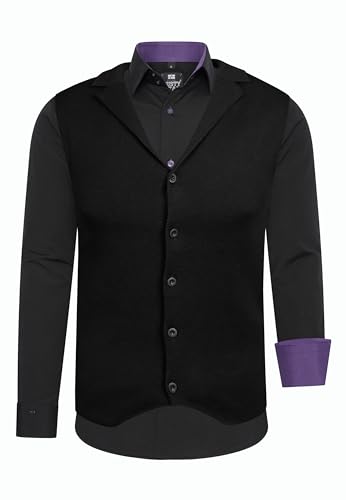 Rusty Neal Herren-Hemd Weste Premium Slim Fit Langarm Stretch Kontrast Hemd Business-Hemden Freizeithemd Set, Größe:5XL, Farbe:Schwarz/Lila von Rusty Neal