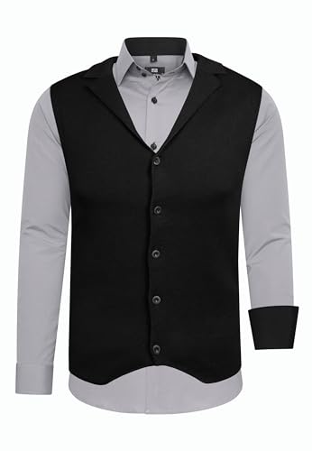 Rusty Neal Herren-Hemd Weste Premium Slim Fit Langarm Stretch Kontrast Hemd Business-Hemden Freizeithemd Set, Größe:L, Farbe:Grau von Rusty Neal