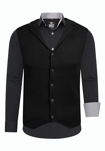 Rusty Neal Herren-Hemd Weste Premium Slim Fit Langarm Stretch Kontrast Hemd Business-Hemden Freizeithemd Set, Größe:L, Farbe:Schwarz/Grau von Rusty Neal