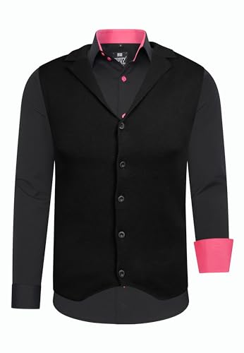 Rusty Neal Herren-Hemd Weste Premium Slim Fit Langarm Stretch Kontrast Hemd Business-Hemden Freizeithemd Set, Größe:XL, Farbe:Schwarz/Pink von Rusty Neal