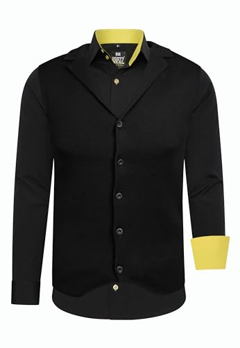 Rusty Neal Herren-Hemd Weste Premium Slim Fit Langarm Stretch Kontrast Hemd Business-Hemden Freizeithemd Set, Größe:6XL, Farbe:Schwarz/Gelb von Rusty Neal