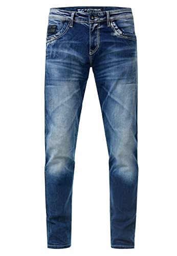 Rusty Neal Herren Jeans Hose 'Yamato' Slim Fit Spezial-Washed Destroyed Streetwear Mens Denim Stretch-Jeans 238, Farbe:Blue Used, Größe Jeans L32:32W / 32L von Rusty Neal