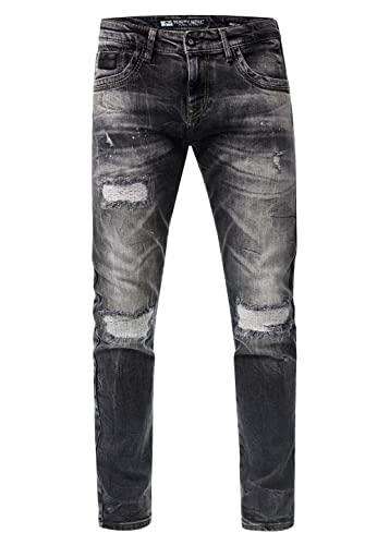 Rusty Neal Herren Jeans Hose 'Yamato' Slim Fit Spezial-Washed Destroyed Streetwear Mens Denim Stretch-Jeans 238, Farbe:Dark Grey Used, Größe Jeans L32:33W / 32L von Rusty Neal