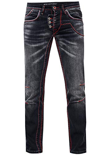 Rusty Neal Herren Jeanshose Schwarz Verwaschen mit Imposanter Neon-Roter-Ziernaht offene Knopfleiste Designer Stretch Regular -45, Farbe:Schwarz, Größe Jeans:29W / 32L von Rusty Neal