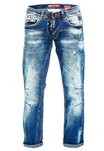 Rusty Neal Herren Jeanshose Streetwear Stretch Regular Fit Denim Verwaschen Jeans Offene Knopfleiste 36, Farbe:Blau, Größe Jeans:32W / 34L von Rusty Neal