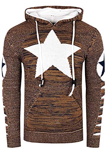 Rusty Neal Herren Kapuzenpullover Streetwear Strick Pullover mit Stern Front Design und Ausgefallenem Arm Design Slim Knitwear 341, Farbe:Camel/Weiß, Größe S-3XL:L von Rusty Neal