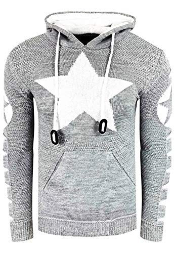 Rusty Neal Herren Kapuzenpullover Streetwear Strick Pullover mit Stern Front Design und Ausgefallenem Arm Design Slim Knitwear 341, Farbe:Grau/Weiß, Größe S-3XL:M von Rusty Neal